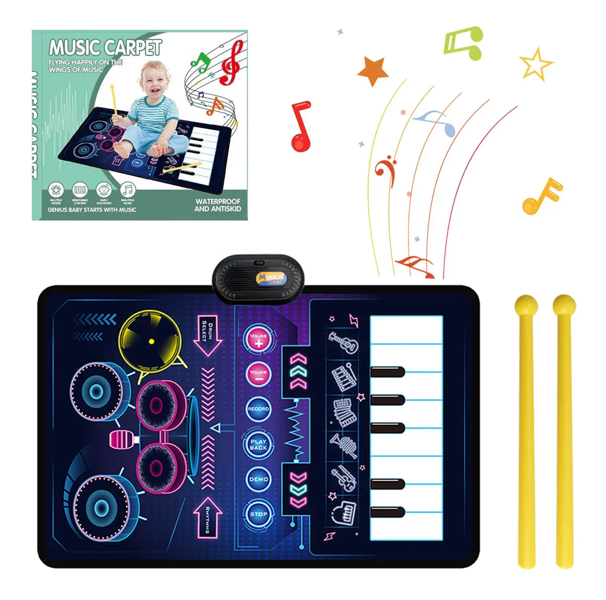 Neon-blue and purple illuminated 80x50cm toddler musical piano mat with floor keyboard drum and educational toys floor features