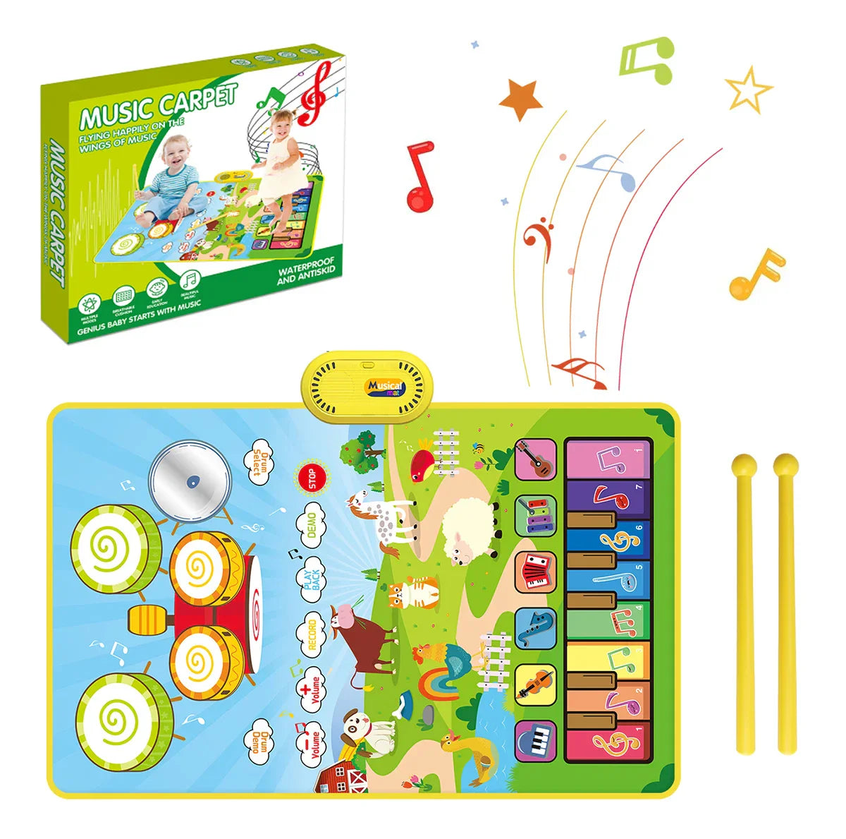 Colorful toddler musical piano mat with farm animal designs and interactive buttons for educational toys floor use