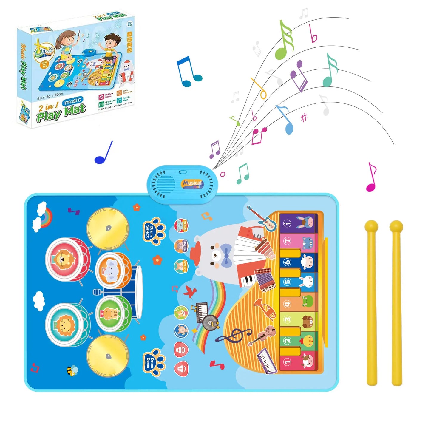 Blue 2-in-1 toddler musical piano play mat with colorful floor keyboard drum and cartoon bear design educational toys floor