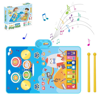 Blue 2-in-1 toddler musical piano play mat with colorful floor keyboard drum and cartoon bear design educational toys floor