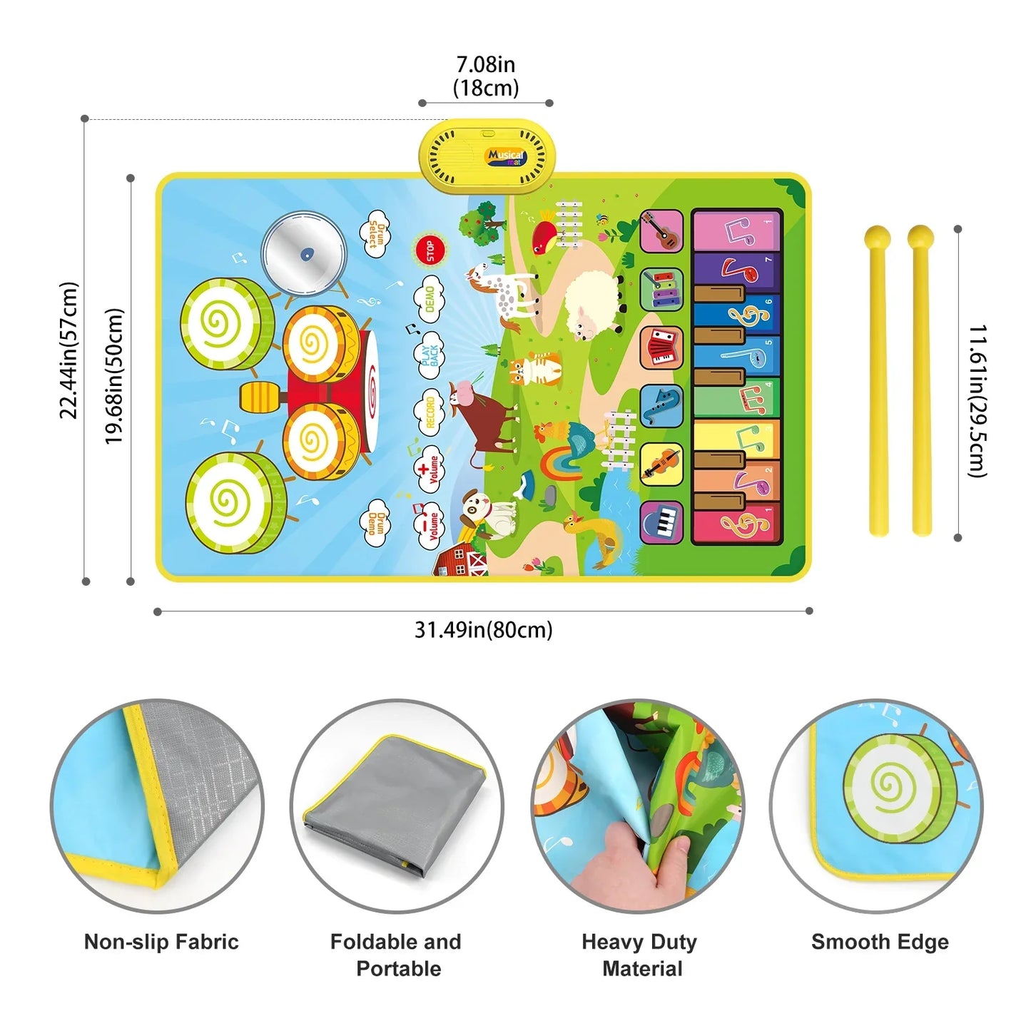 Brightly colored toddler musical piano mat with built-in speaker and drum pads for educational toys floor play