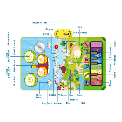 Colorful toddler musical piano mat with cartoon animals and instruments for educational toys floor keyboard drum play