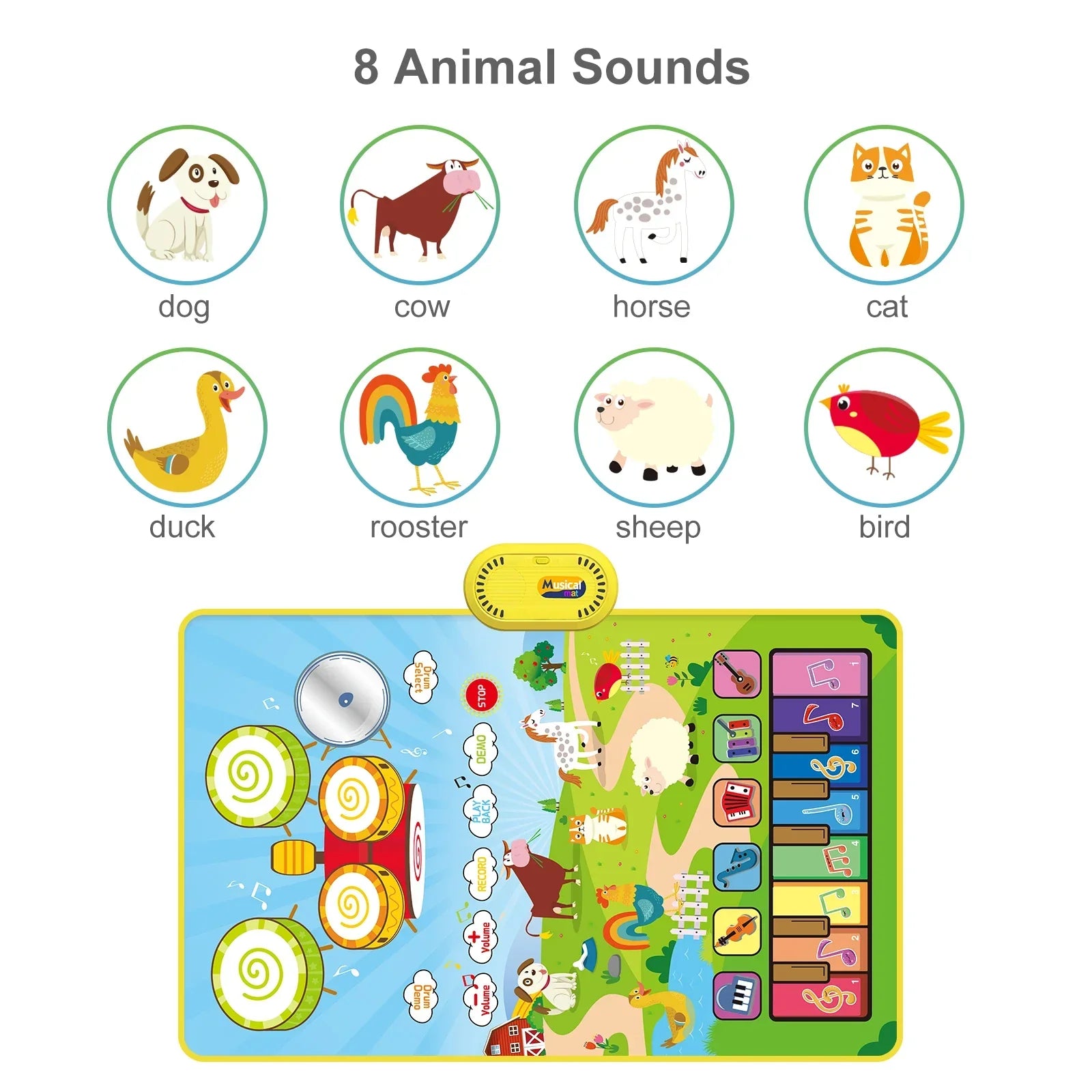 Colorful toddler musical piano mat with eight animal sound buttons and floor keyboard drum educational toys floor design