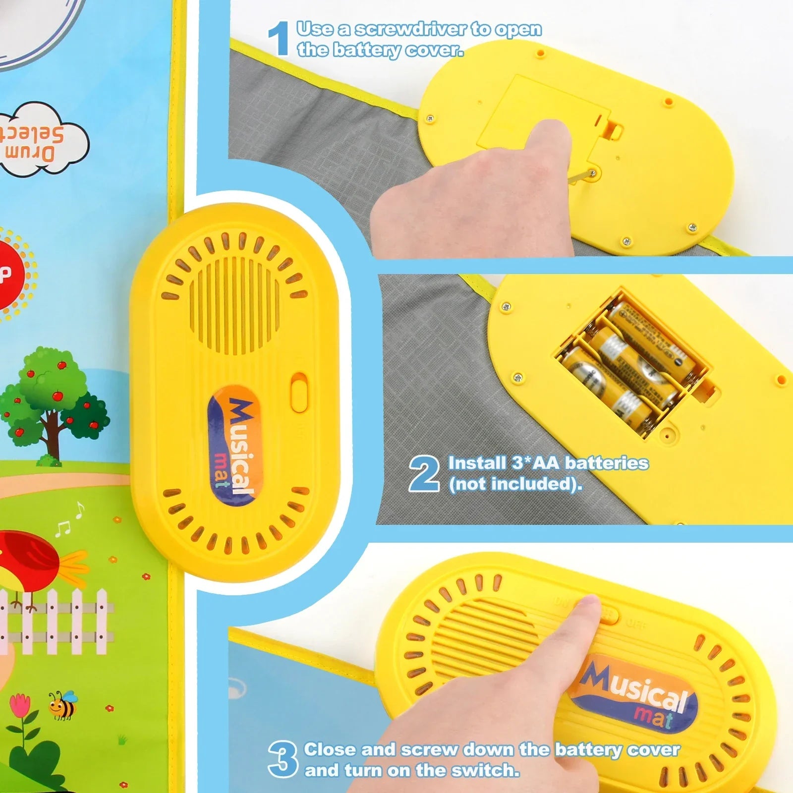 Yellow oval-shaped toddler musical piano mat speaker with blue logo and ventilation slots for educational toys floor use
