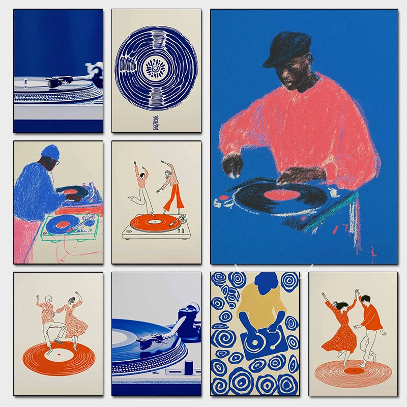 Modern Pop Record Player Music Posters DJ Hip Hop Dancing Couple Prints Canvas Painting Wall Art Pictures Home Living Room De