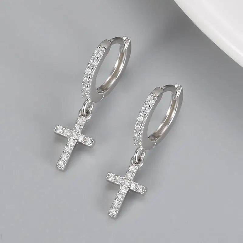 Hiphop Small Cross Pendant Earrings For Women Men Black Gold Silver Color Tiny White Zircon Ear Buckle Hoops Punk Party Jewelry