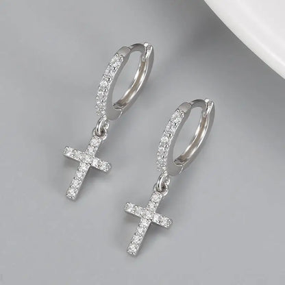 Hiphop Small Cross Pendant Earrings For Women Men Black Gold Silver Color Tiny White Zircon Ear Buckle Hoops Punk Party Jewelry