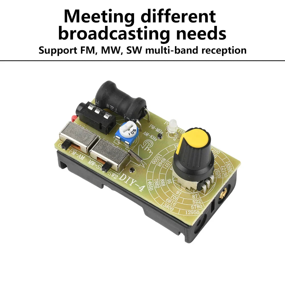 Green circuit board radio kit with black and yellow knobs for wave frequency modulation two bands stereo digital tuning headphone use