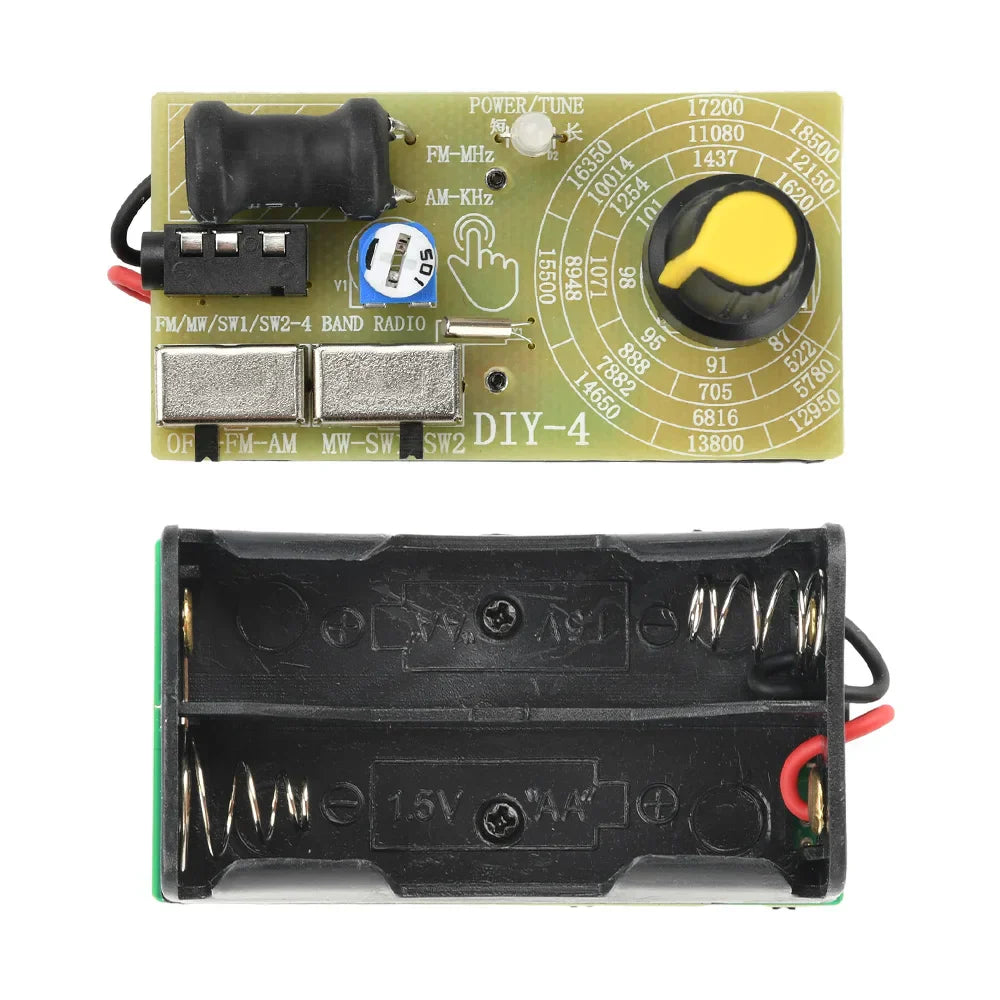 Green circuit board with black and yellow tuning dial silver switches and battery holder for two bands stereo digital tuning headphone radio with wave frequency modulation