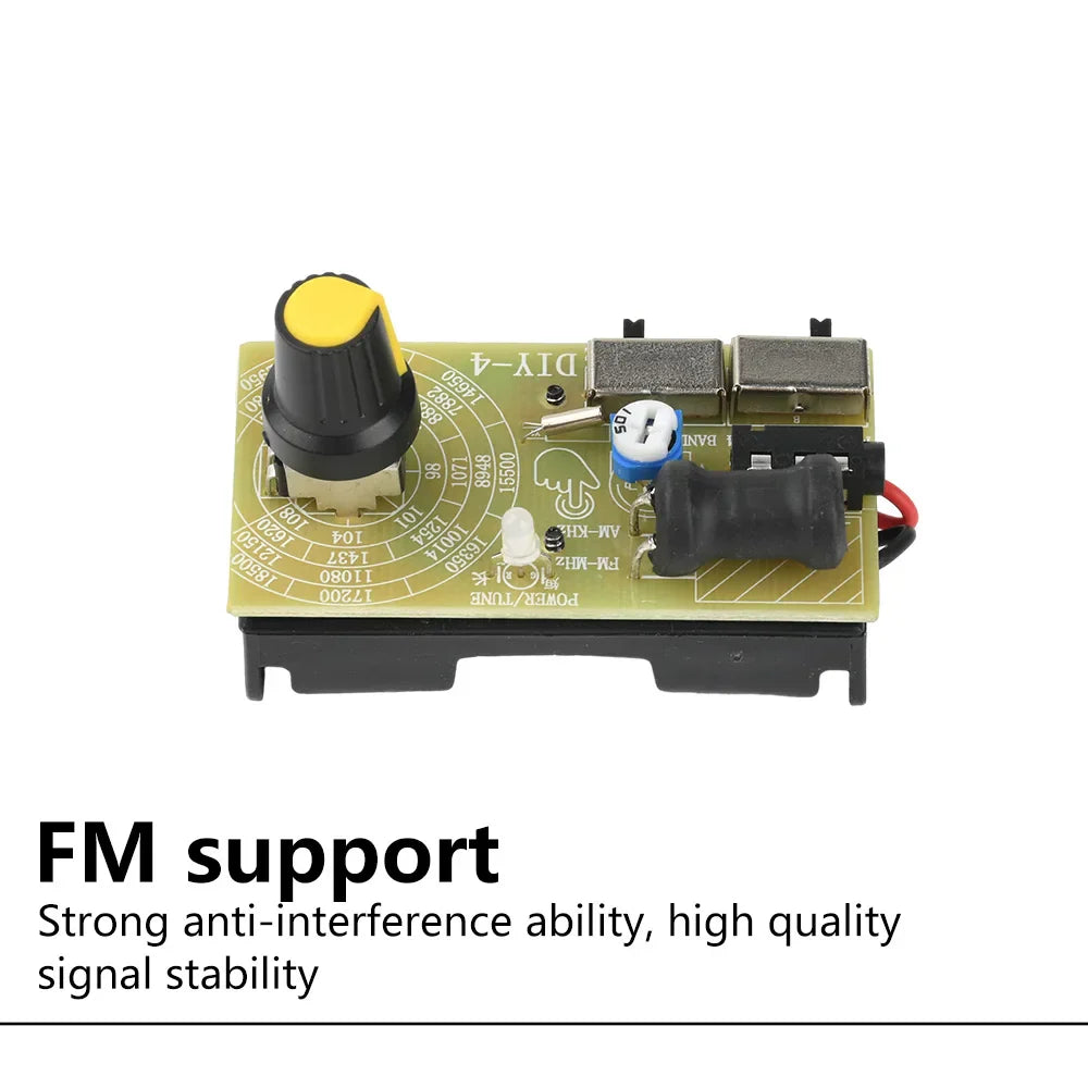 Green circuit board with black and yellow knob and blue capacitor for two bands stereo wave frequency modulation digital tuning headphone kit