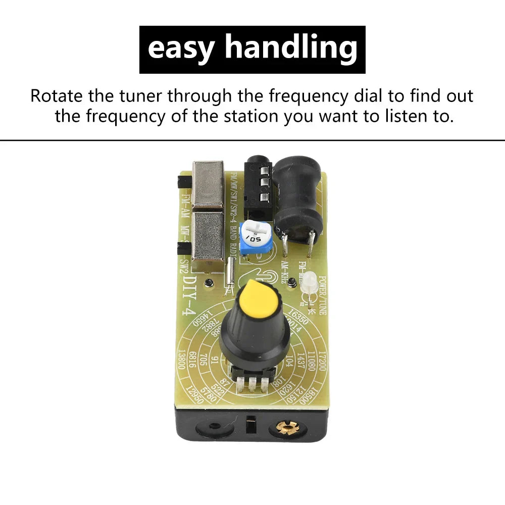 Yellow-topped black tuning knob on green circuit board with frequency dial for 87-108MHz two bands stereo digital tuning headphone radio kit