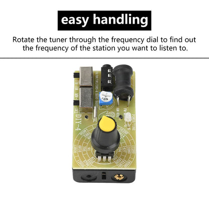 Yellow-topped black tuning knob on green circuit board with frequency dial for 87-108MHz two bands stereo digital tuning headphone radio kit