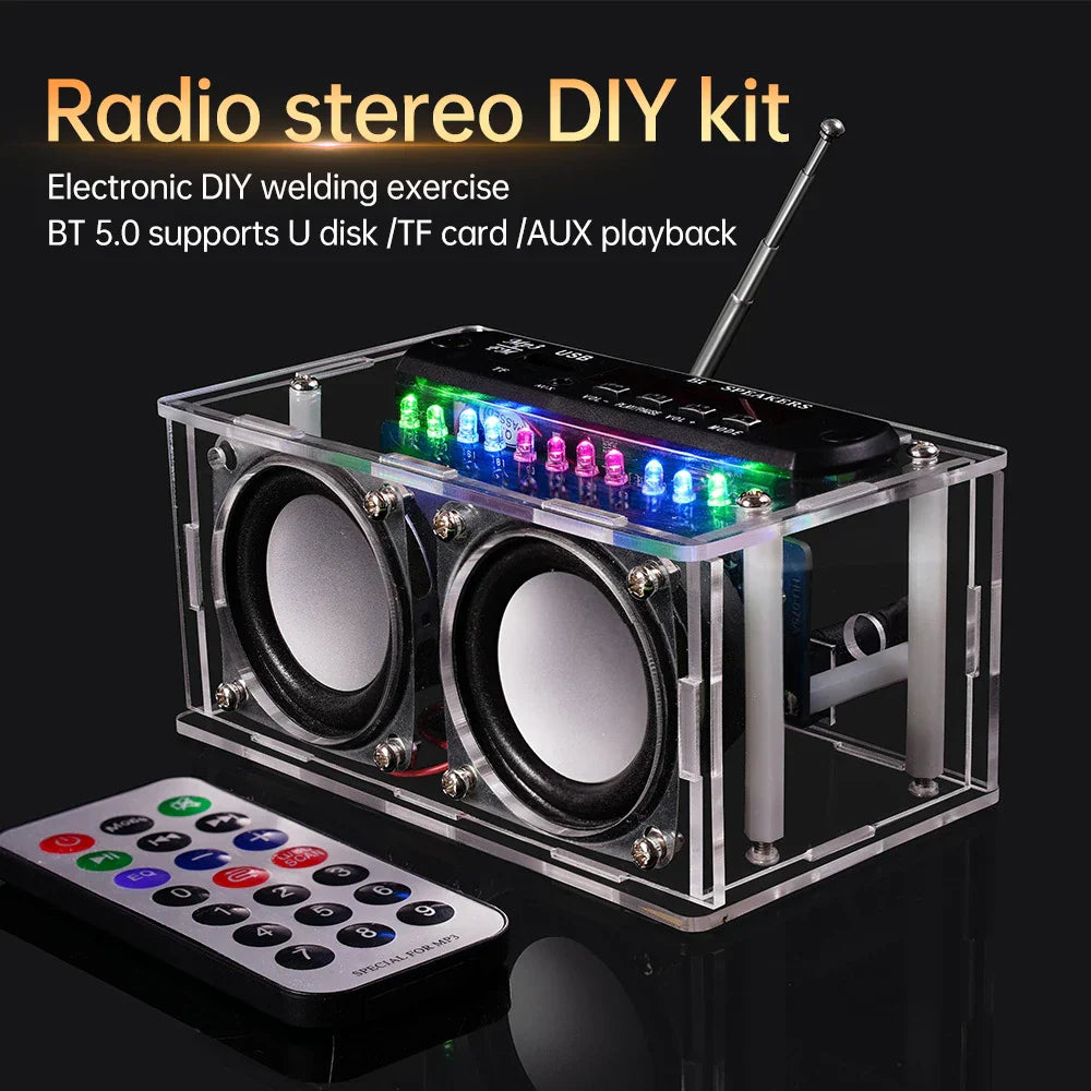 Clear acrylic stereo diy kit with kit amplifier bluetooth, two black speakers, colorful led spectrum electronic display, and silver antenna