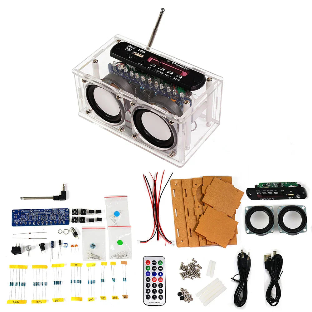 Clear acrylic stereo diy kit with black speakers and remote control kit amplifier bluetooth with speaker spectrum electronic