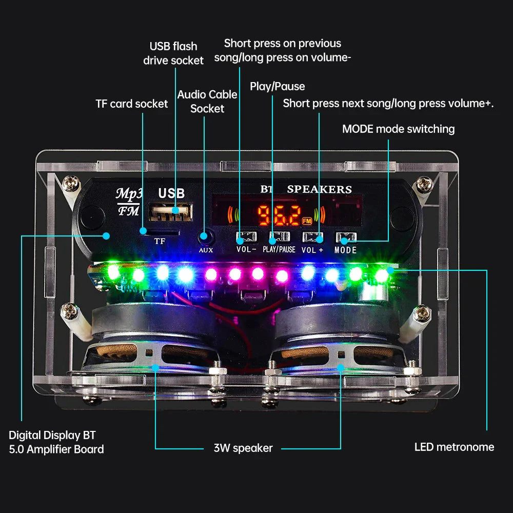Clear acrylic 87.5-108mhz fm radio stereo diy kit with rgb led lights dual 3w speakers and kit amplifier bluetooth
