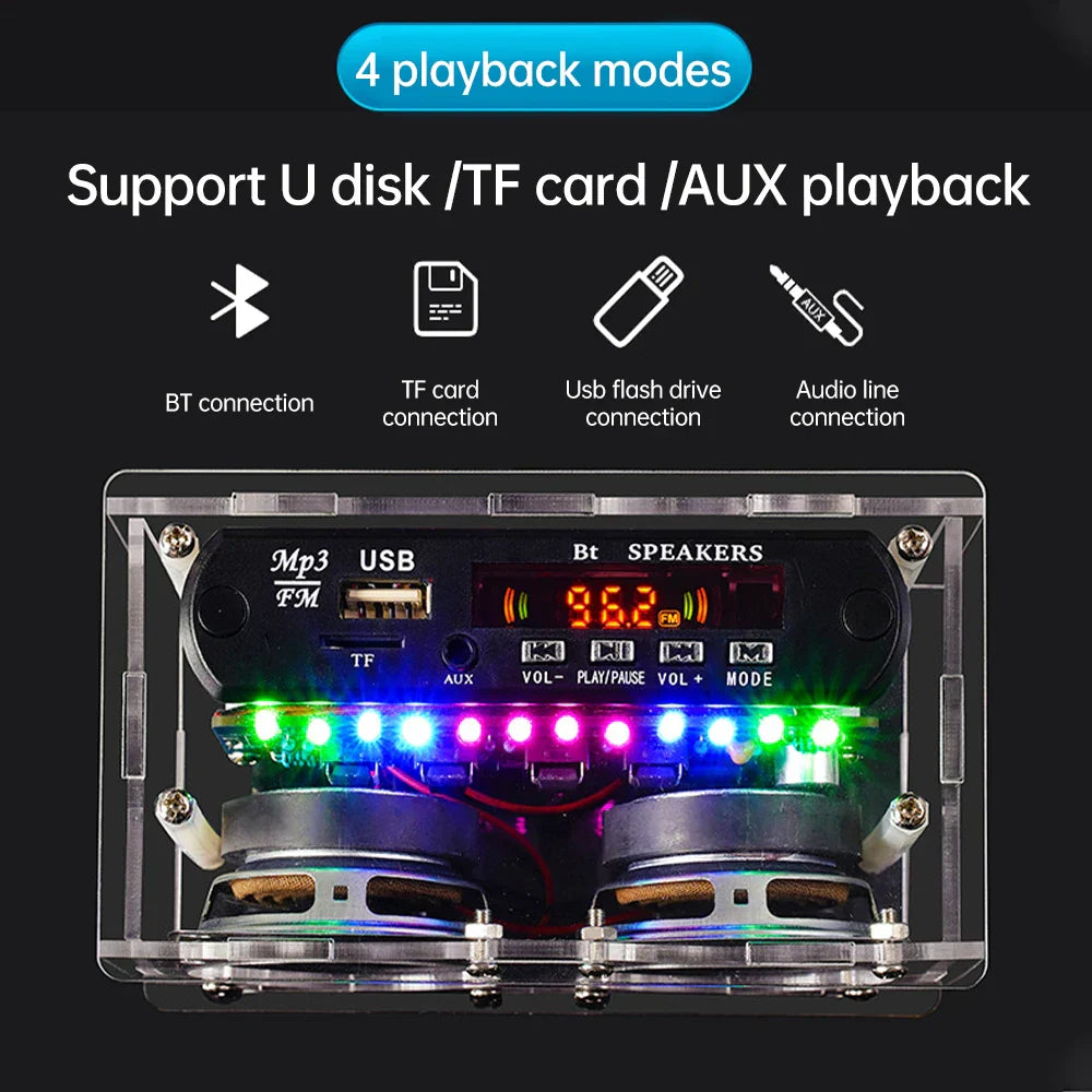 Clear acrylic case stereo diy kit amplifier bluetooth speaker spectrum electronic with dual speakers and colorful led lights