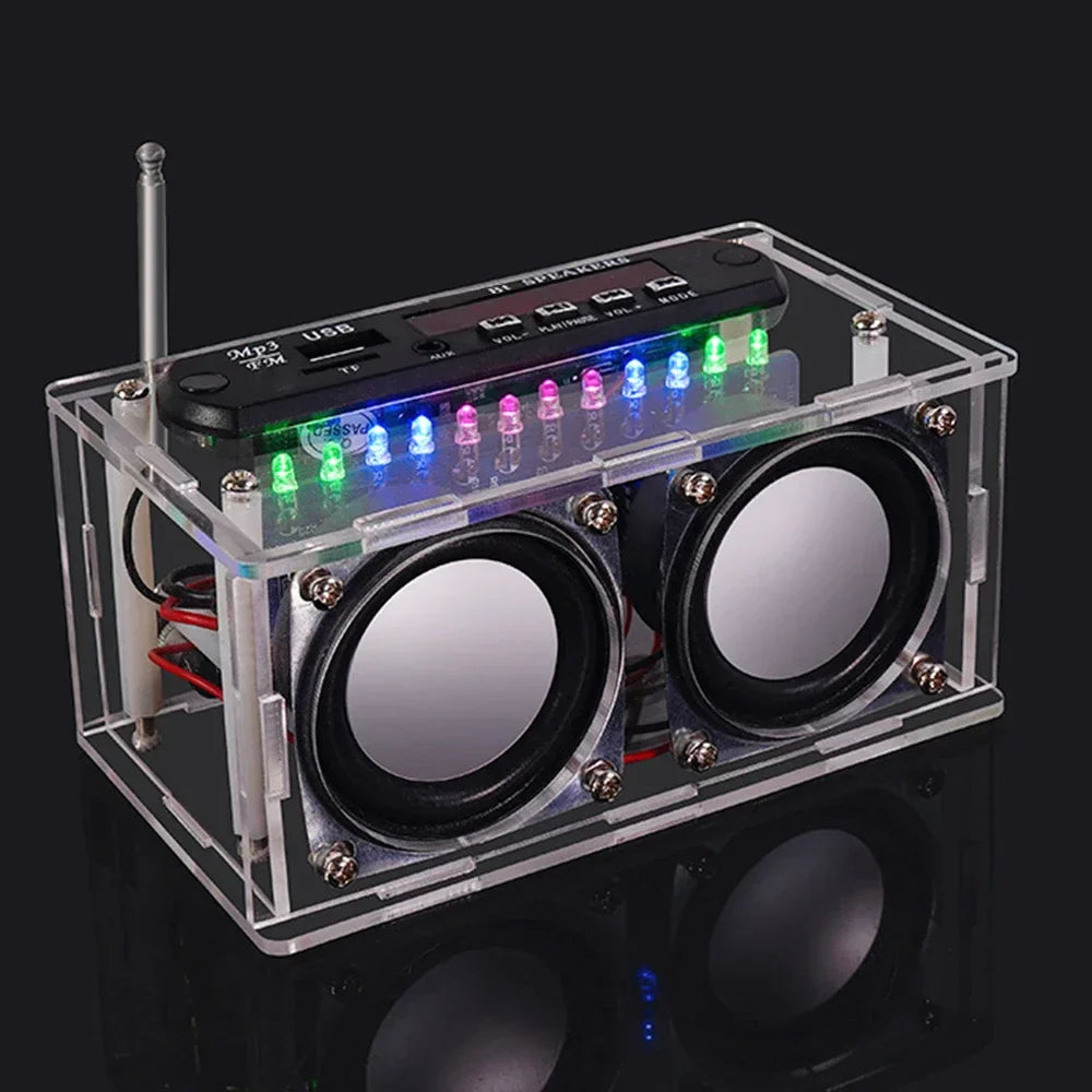 Clear acrylic stereo diy kit amplifier bluetooth speaker with dual speakers colorful led lights and integrated control panel