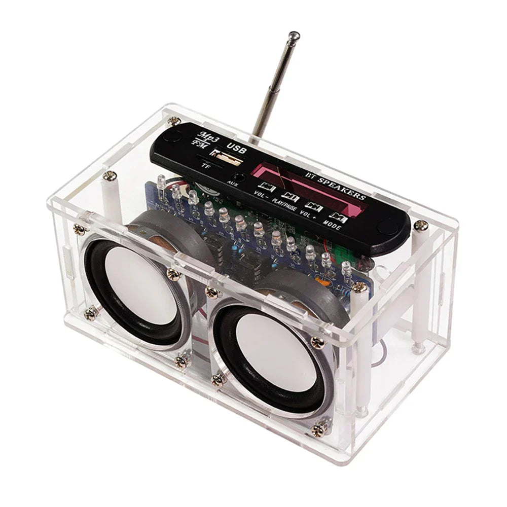 Clear acrylic case housing a dual-speaker portable 87.5-108mhz fm radio stereo diy kit amplifier bluetooth speaker spectrum electronic
