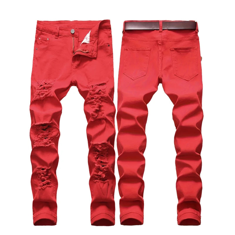 New Men Ripped Jeans Red Hip Hop Holes Slim Denim Pants Punk Streetwear Versatile Stretch Wash Solid Casual Slim Pencil Trousers