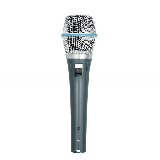 Gray handheld wireless condenser mic with silver mesh grille and blue accent ring noise cancelling microfono87a for studio use