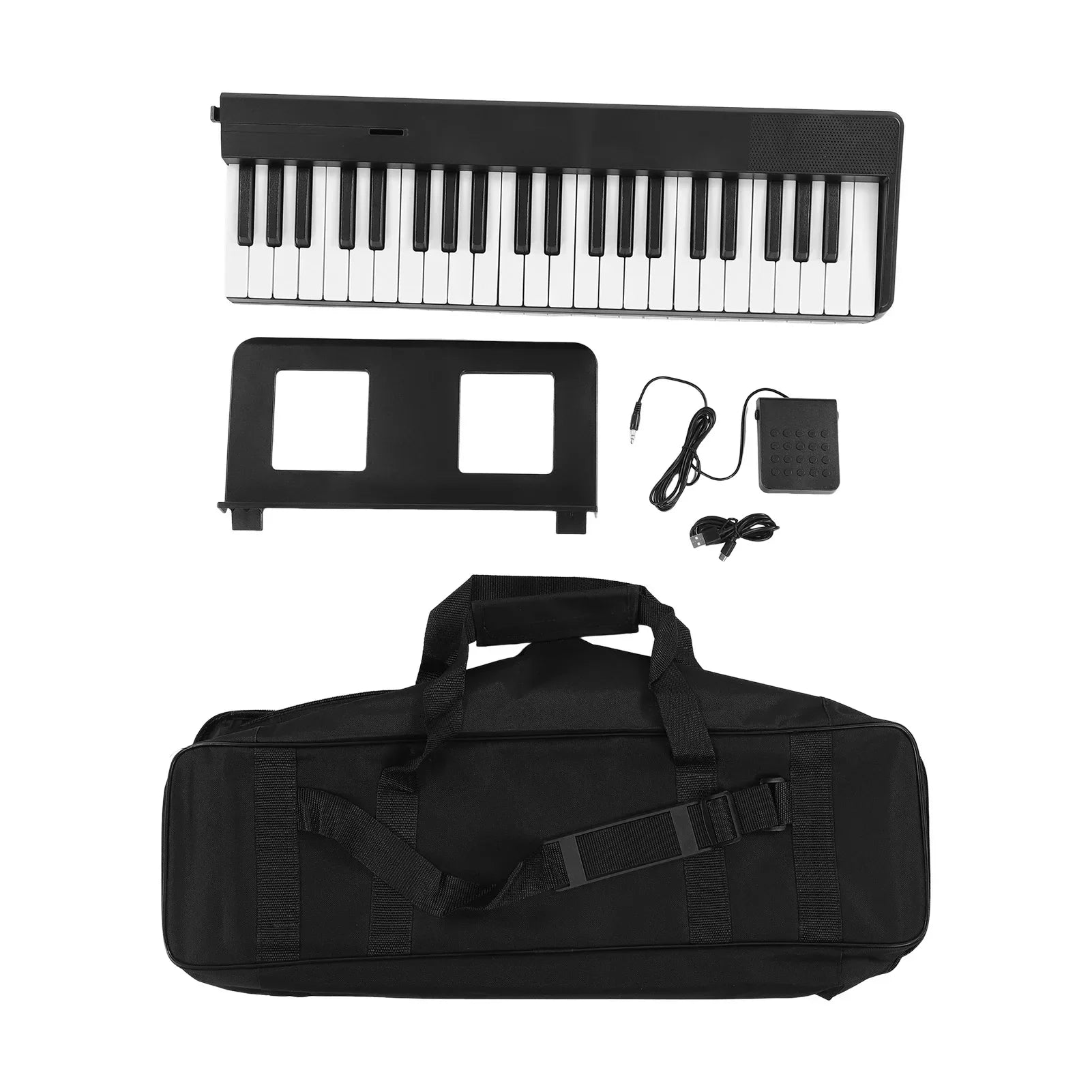 Black 61-key portable electric keyboard midi with stand, pedal, cables, and stand piano bag for beginners