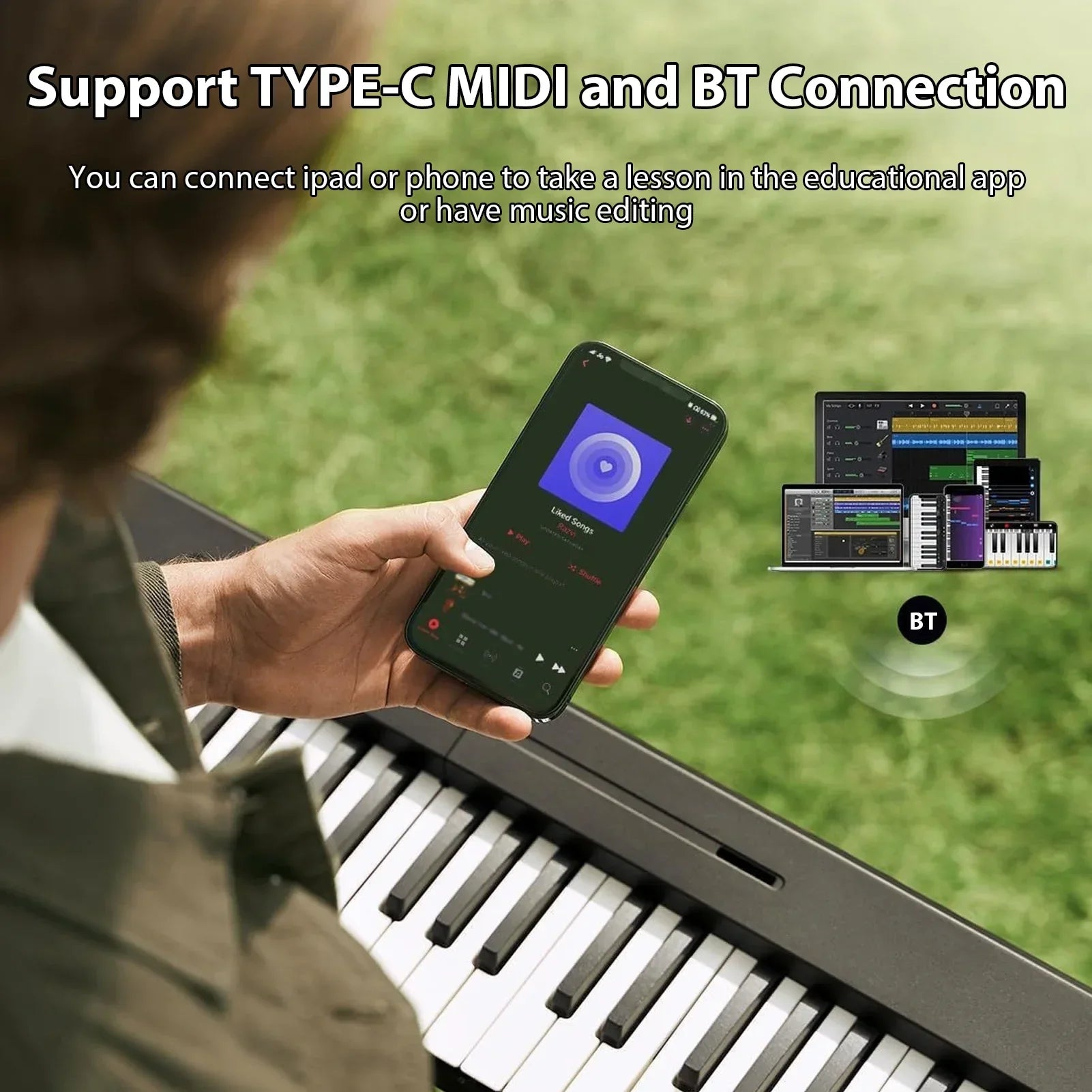 Black smartphone displaying music app held in front of an 88-key foldable electronic piano electric keyboard midi with stand piano bag