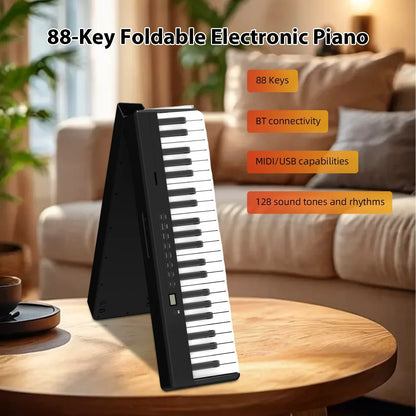 Black and white 88-key foldable electronic piano with bt connectivity and midi usb for beginners with stand piano bag