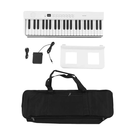 White 61-key foldable electronic piano with electric keyboard midi, power adapter, foot pedal, and stand piano bag accessories