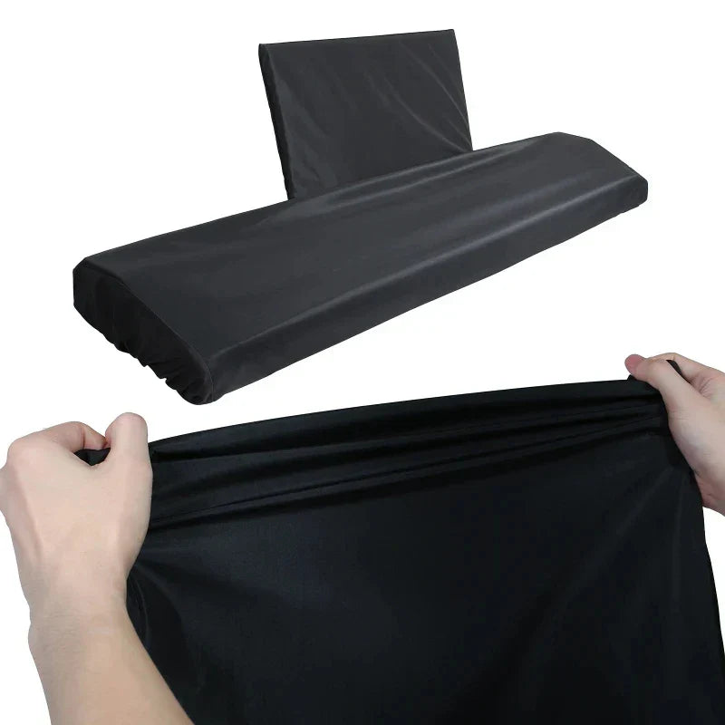 Black fabric-covered piano bench cushion with ergonomic contour for 88-key keyboard dust cover and music stand cover use