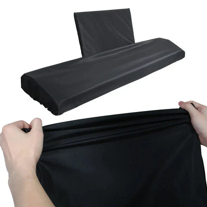 Black fabric-covered piano bench cushion with ergonomic contour for 88-key keyboard dust cover and music stand cover use