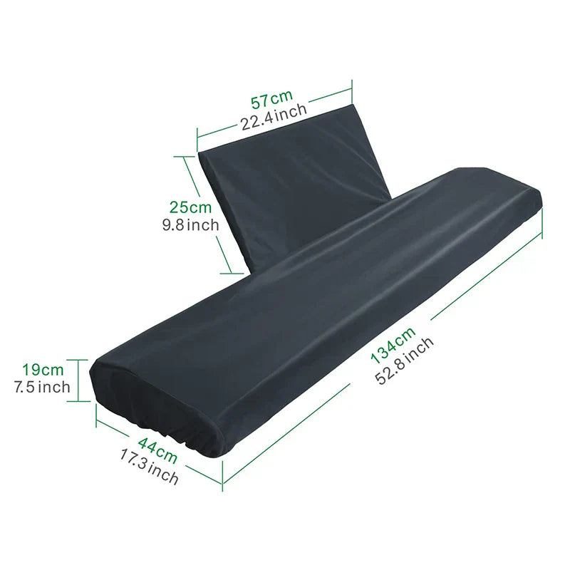 Black fabric keyboard dust cover with measured dimensions for 88-key piano keyboard and music stand cover dustproof