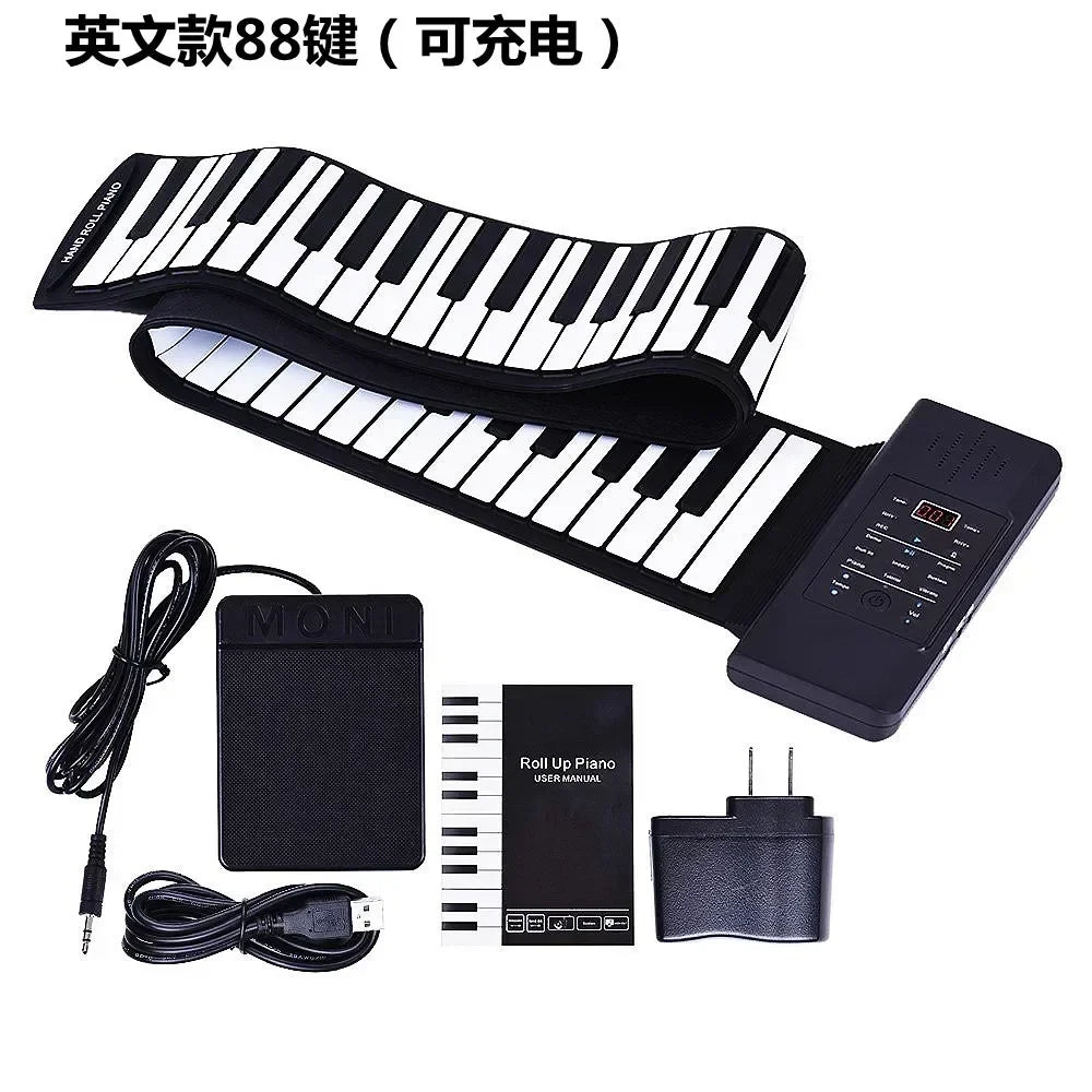 Black and white 88 key keys electronic piano with portable abs soft silicone flexible keyboard digital roll up design