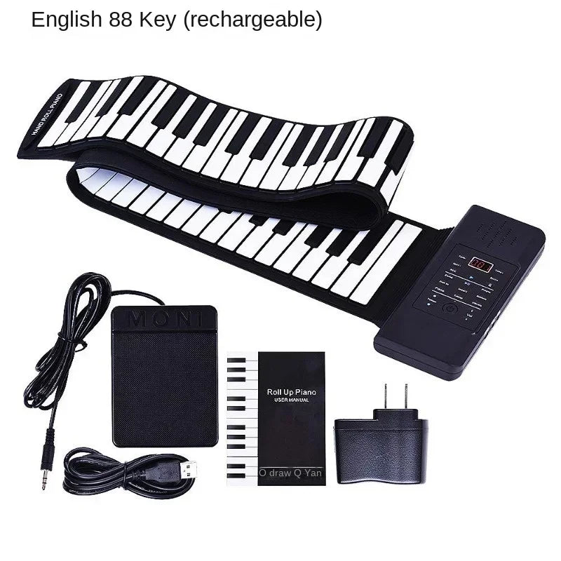 Black and white 88 keys electronic piano portable ABS soft silicone keyboard digital roll with rechargeable design