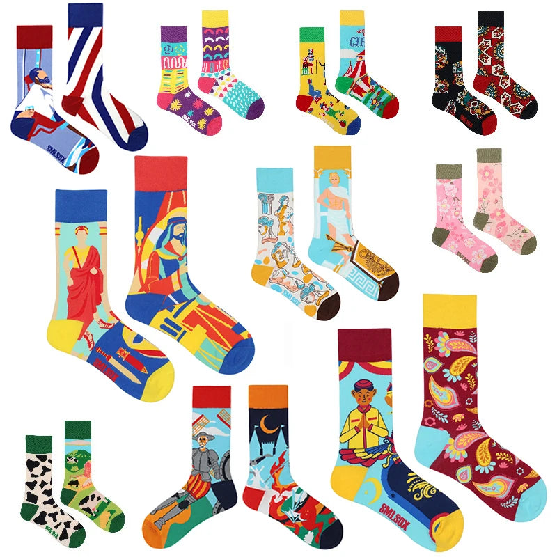 Hip-hop AB version asymmetric tide socks for men and women couples fashion trend popular jacquard cartoon long tube cotton socks