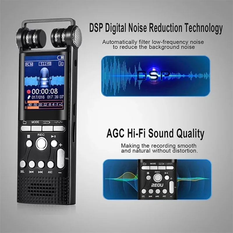 Black handheld 16gb 32gb professional voice activated digital audio recorder with dual microphones and recording pcm 1536kbps