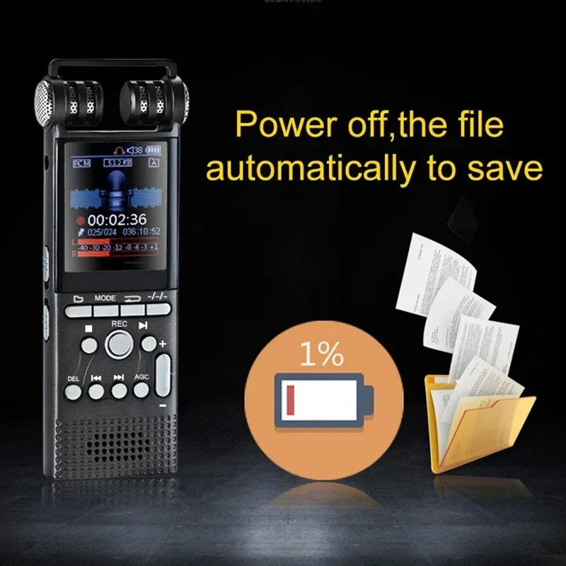 Black 16gb 32gb professional voice activated digital audio recorder with dual microphones and recording pcm 1536kbps display