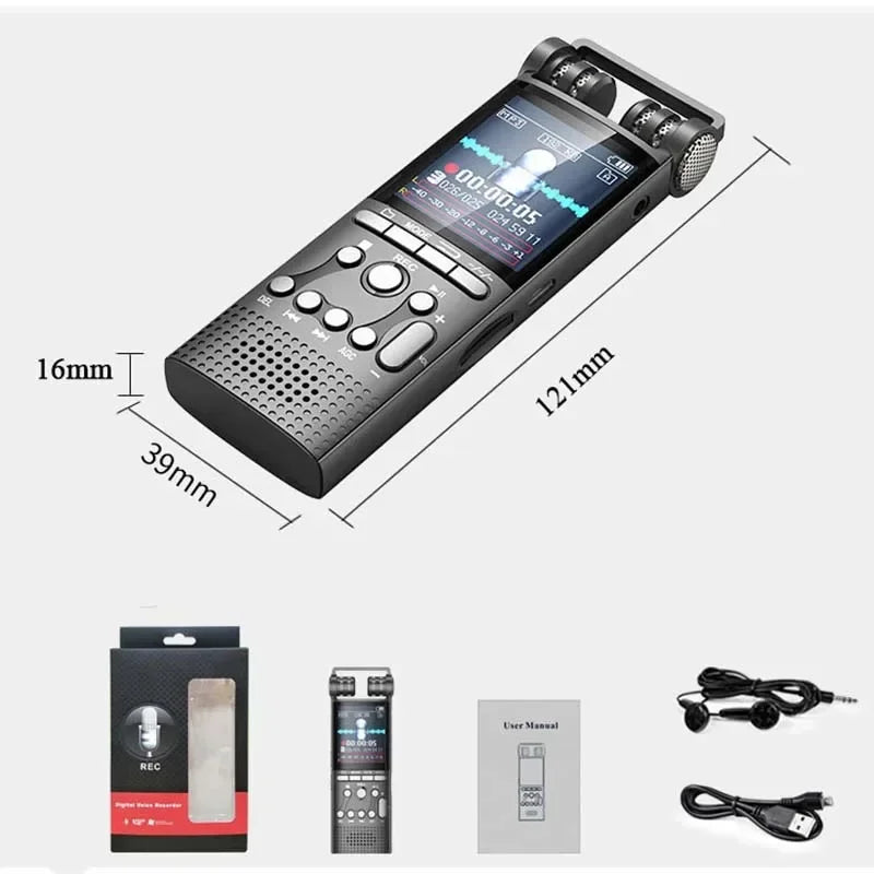 Black 16gb 32gb professional voice activated digital audio recorder with dual microphones and recording pcm 1536kbps display