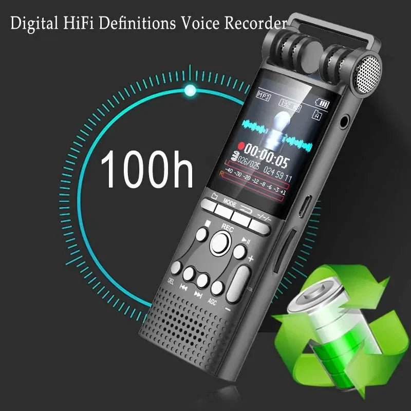 Black voice activated digital hi-fi voice recorder with dual microphones touchscreen display 16gb 32gb professional pcm 1536kbps recording