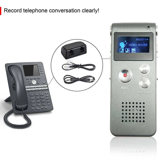 Silver metallic handheld 32gb voice recorder mp3 with small screen and rec stop play pause buttons for professional use