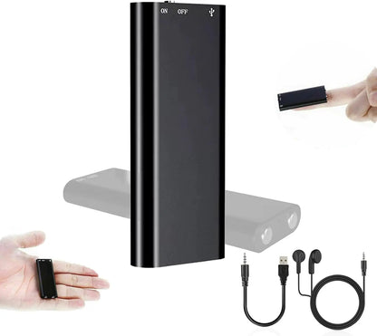 Black rectangular ultra-slim mini voice recorder with sleek metallic finish features voice activation noise reduction