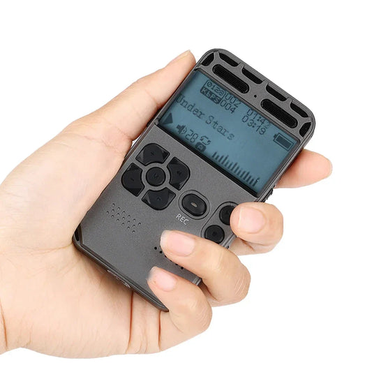 Black 8gb digital voice recorder with a small screen and multiple buttons featuring noise reduction and recorder voice activated function