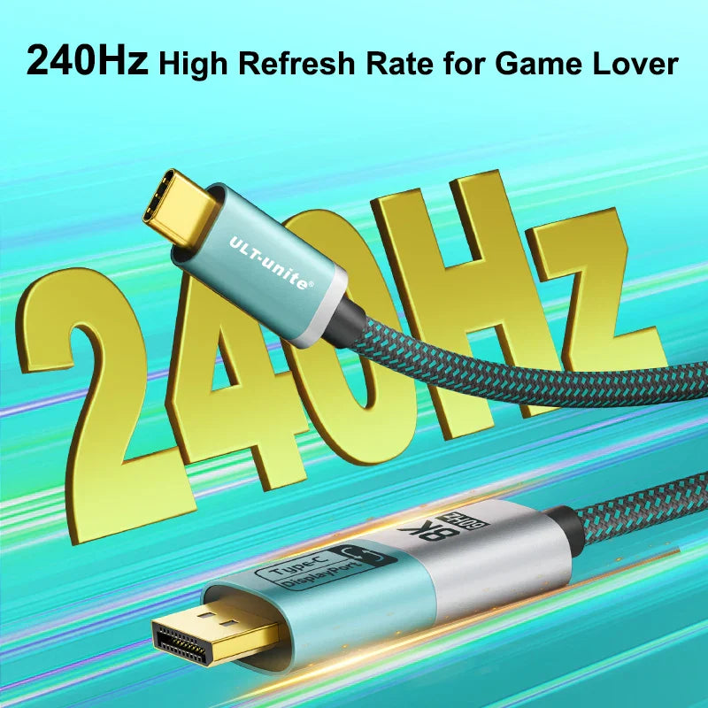 Light blue and silver ultrunite 240hz high refresh rate 8k dp to type c cable bidirectional usb for macbook pro ipad imac compatible thunderbolt