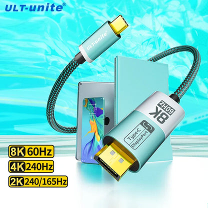 Light blue and white ult-unite zh09 8k display port cable with braided black and teal exterior for macbook pro ipad imac compatible thunderbolt cable bidirectional usb