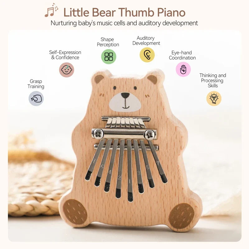 Wooden bear thumb piano with metal keys and natural finish portable marimba musical baby montessori toys gift