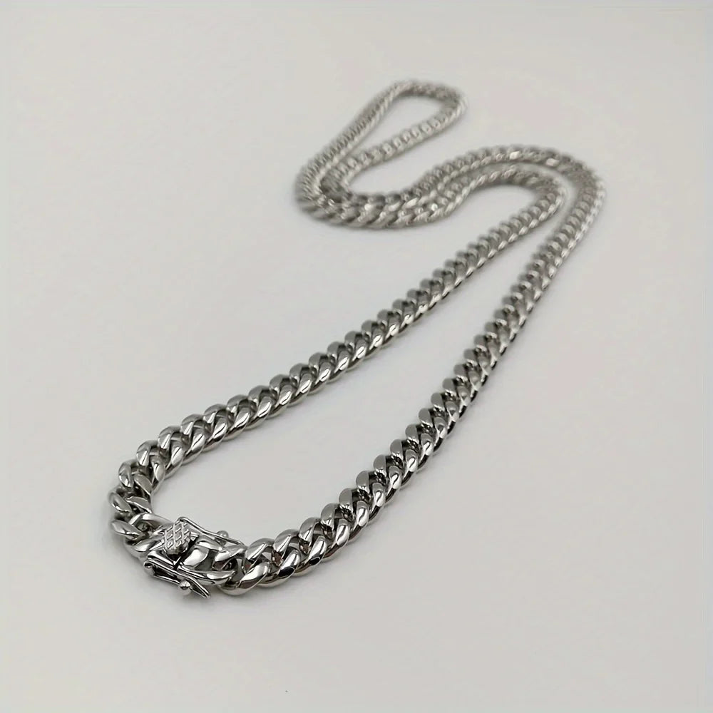 8mm hip hop silver-toned 316 stainless steel miami cuban link chain necklace with detailed dragon head clasp