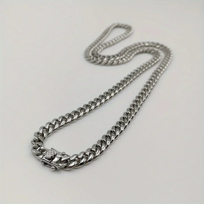 Silver-toned 8mm miami cuban link stainless steel jewelry necklace with textured design and detailed clasp rock waterproof necklace