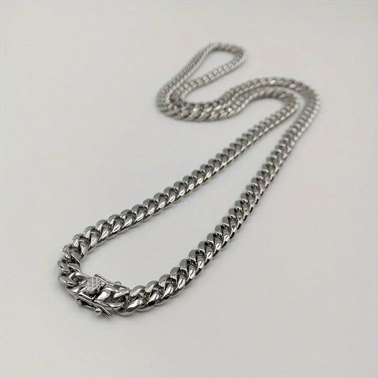 Silver-toned 8mm miami cuban link stainless steel jewelry necklace with textured design and detailed clasp rock waterproof necklace