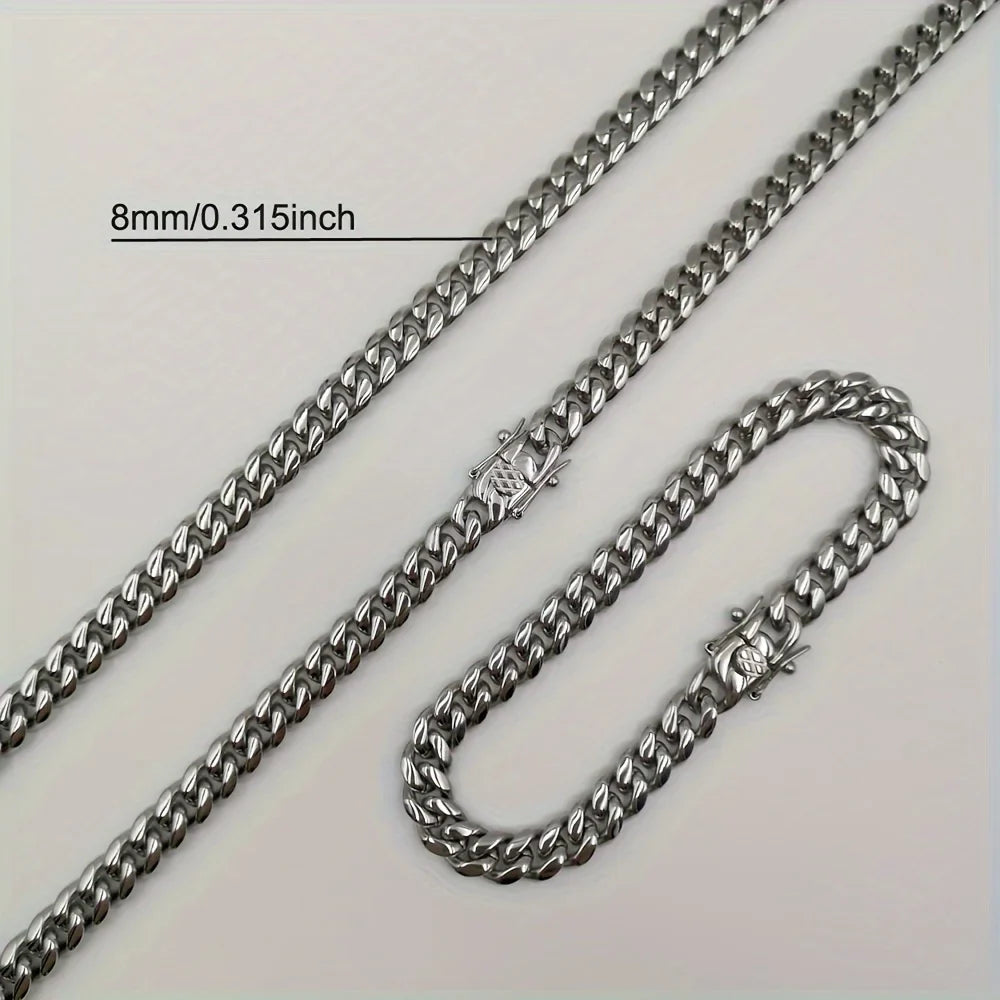 Silver-toned 8mm 316 stainless steel miami cuban link chain necklace with polished interlocking design and secure clasp