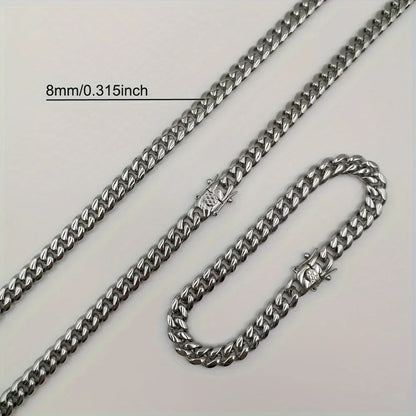Silver-toned 8mm 316 stainless steel miami cuban link chain necklace with polished interlocking design and secure clasp