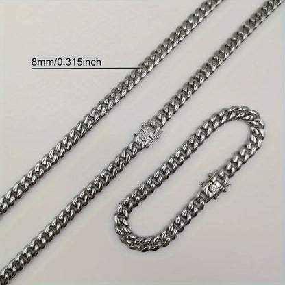 Silver-toned 8mm miami cuban link chain made of polished 316 stainless steel jewelry for rock waterproof necklace use